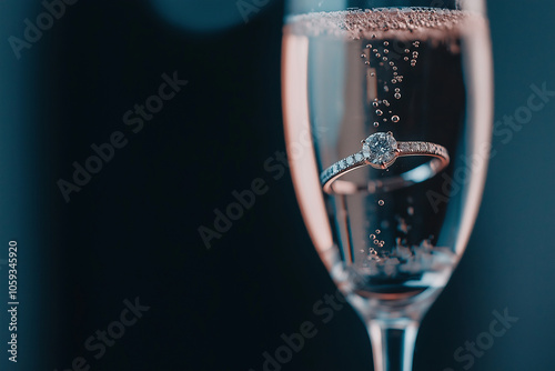 An engagement ring at the bottom of a champagne glass. Proposal with diamond ring in champagne toast, copy space. Symbol of a romantic celebration, wedding photo