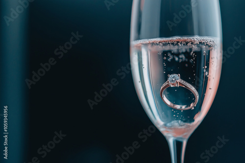 An engagement ring at the bottom of a champagne glass. Proposal with diamond ring in champagne toast, copy space. Symbol of a romantic celebration, wedding photo