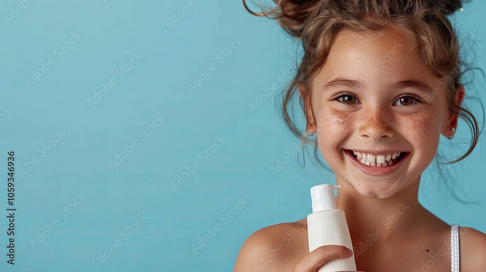 A young girl with freckles smiles brightly as she holds a bottle of lotion in front of a blue background. A young girl with freckles smiles brightly as she holds a bottle of lotion in front of a blue background.