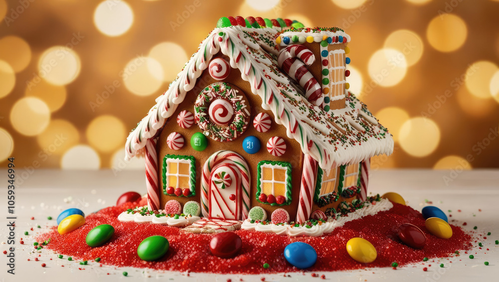 Naklejka premium Deliciously decorated gingerbread house with colorful candies on a festive background.
