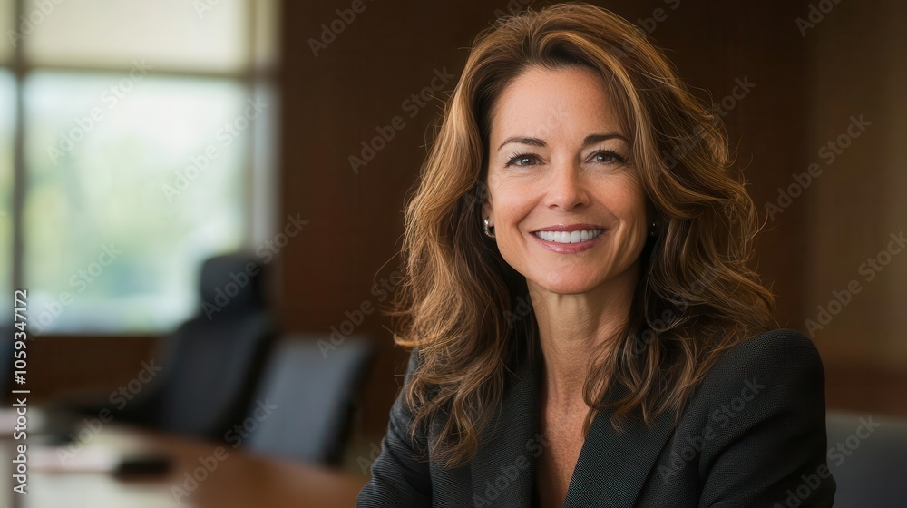 Elegant woman in business attire, sitting in conference room, confident smile, power women, corporate leadership Elegant woman in business attire, sitting in conference room, confident smile, power women, corporate leadership