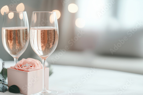 An engagement ring and two glasses with rose sparkling wine. Proposal with diamond ring. Valentine's day, romantic wedding invitation, love greeting card. Dating, falling in love, wedding celebration photo