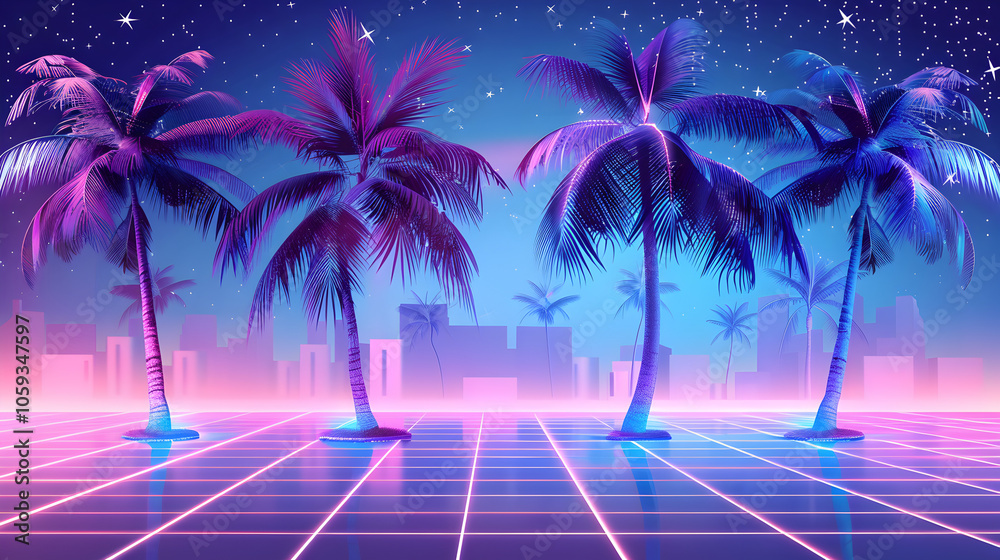 Fototapeta premium Vaporwave Street with Bright Pink and Blue Lights