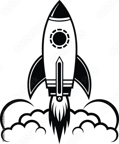 flying rocket  vector illustration  black and white