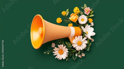 Orange megaphone with hand-drawn flowers and vines wrapping around it, against a dark green background.