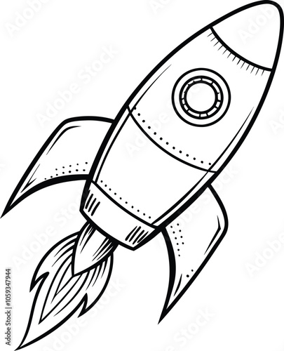 flying rocket  vector illustration  black and white