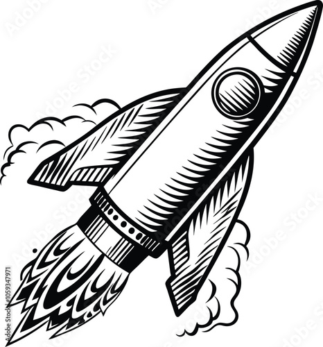 flying rocket  vector illustration  black and white