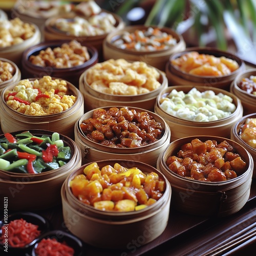 Various colorful and delicious dishes arranged in bamboo steamer baskets, showcasing a rich culinary tradition. photo