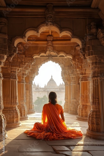 A serene individual meditates within an ancient temple passage adorned with intricate arches, capturing spiritual tranquility. photo