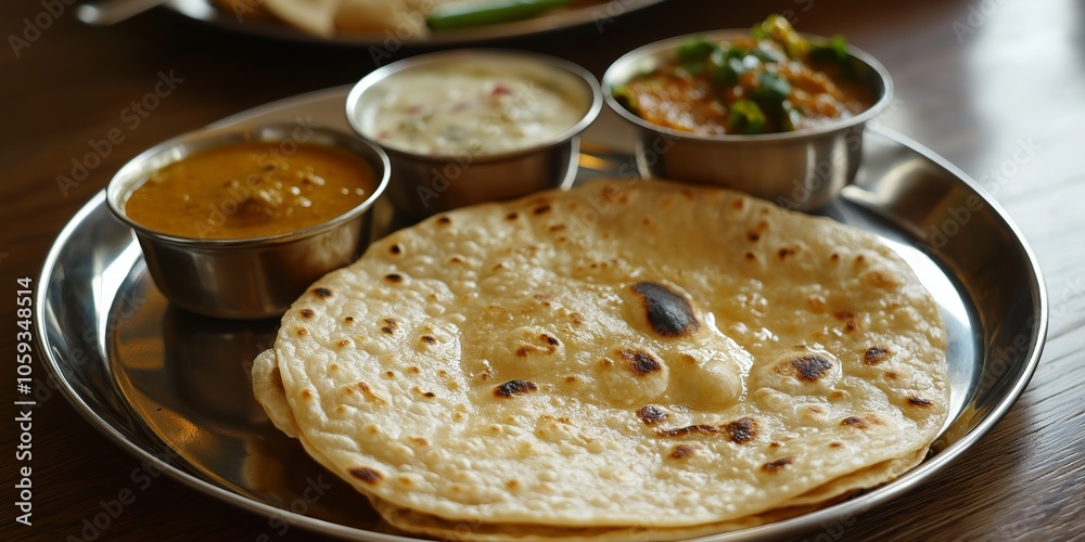 Traditional Indian naan served with curries and condiments on a classic silver platter. Traditional Indian naan served with curries and condiments on a classic silver platter.