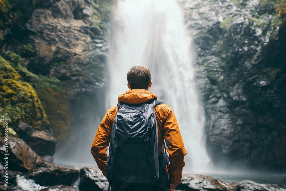 Obraz premium Traveler facing a breathtaking waterfall amidst lush greenery, symbolizing adventure and exploration.
