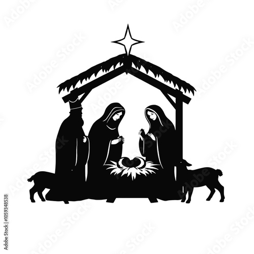a black and white silhouette of a nativity scene. It shows the three wise men, Mary, Joseph, and the baby Jesus in the manger.