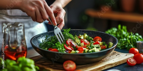 A vibrant bowl of fresh vegetables is being prepared, with hands mixing ingredients into a healthy salad.