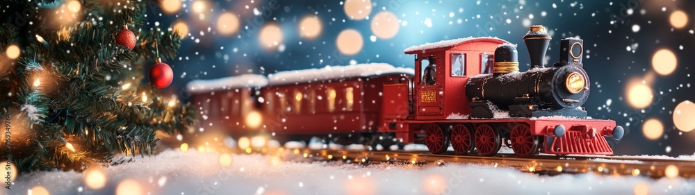Christmas train decoration on snow next to a Christmas tree and bokeh lights size 32:9 Christmas train decoration on snow next to a Christmas tree and bokeh lights size 32:9