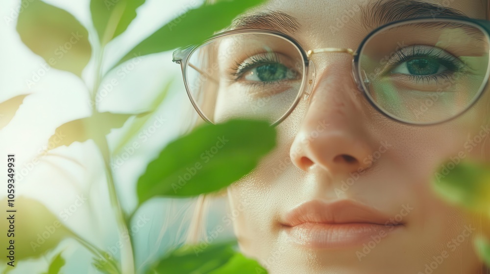 Female scientist examining plant samples in greenhouse, serene look, power women, environmental sustainability