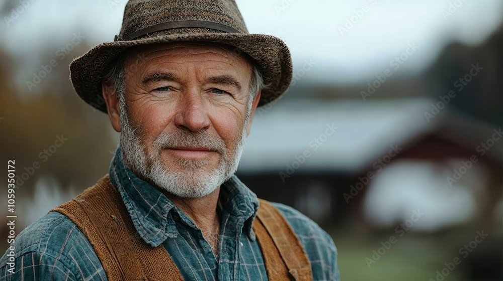 Close-up Portrait of a Senior Man with a White Beard Wearing a Plaid Shirt and a Brown Hat Close-up Portrait of a Senior Man with a White Beard Wearing a Plaid Shirt and a Brown Hat