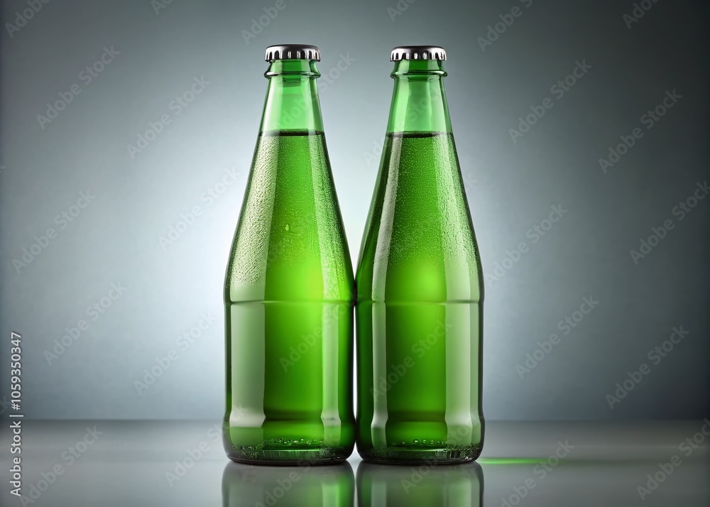 Green Glass Bottles of Mineral Water - Mockup for Brand Logo - Panoramic Photography of Isolated Soda Bottles on Gray Background - Template for Product Design and Marketing Green Glass Bottles of Mineral Water - Mockup for Brand Logo - Panoramic Photography of Isolated Soda Bottles on Gray Background - Template for Product Design and Marketing