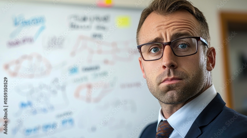 Focused executive analyzing strategies at office whiteboard with creative diagrams Focused executive analyzing strategies at office whiteboard with creative diagrams