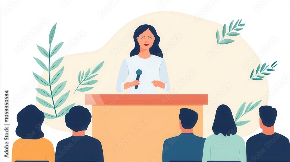 Professional woman giving a presentation, diverse audience, dynamic lighting, power women, public speaking