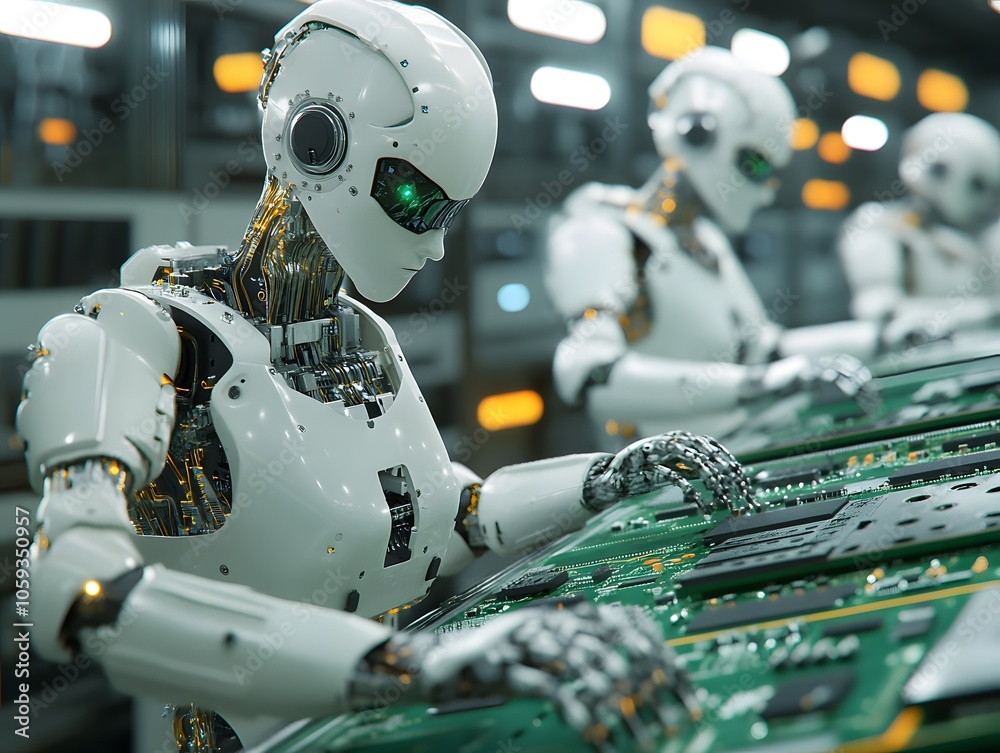 Fototapeta premium Futuristic Robots in High-Tech Manufacturing Process