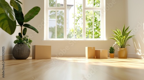 New homeowners organizing boxes in a bright empty living room space