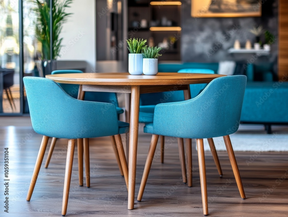 3D interior design of dining room, cafe, living room with wooden table and blue chairs against gray wall and panoramic window and pendant lights, photo, minimalism 3D interior design of dining room, cafe, living room with wooden table and blue chairs against gray wall and panoramic window and pendant lights, photo, minimalism