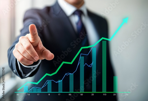 Businessman touching upward trending financial graph. 
Suitable for finance, business, stock market, investment concepts in presentations, websites, reports. photo