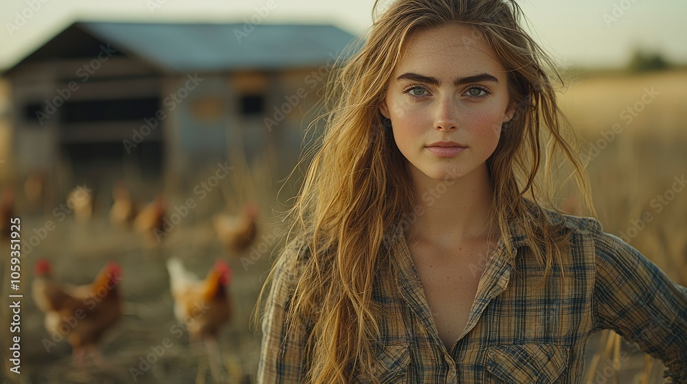 A Young Woman with Long Blonde Hair Stands in a Field with Chickens A Young Woman with Long Blonde Hair Stands in a Field with Chickens