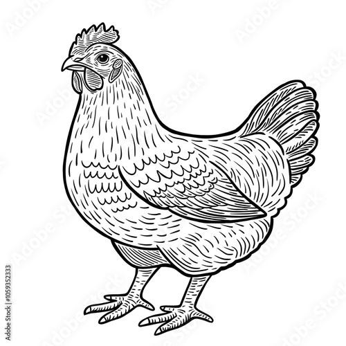 Full chicken sketch – An intricate line drawing of a standing chicken in profile view.