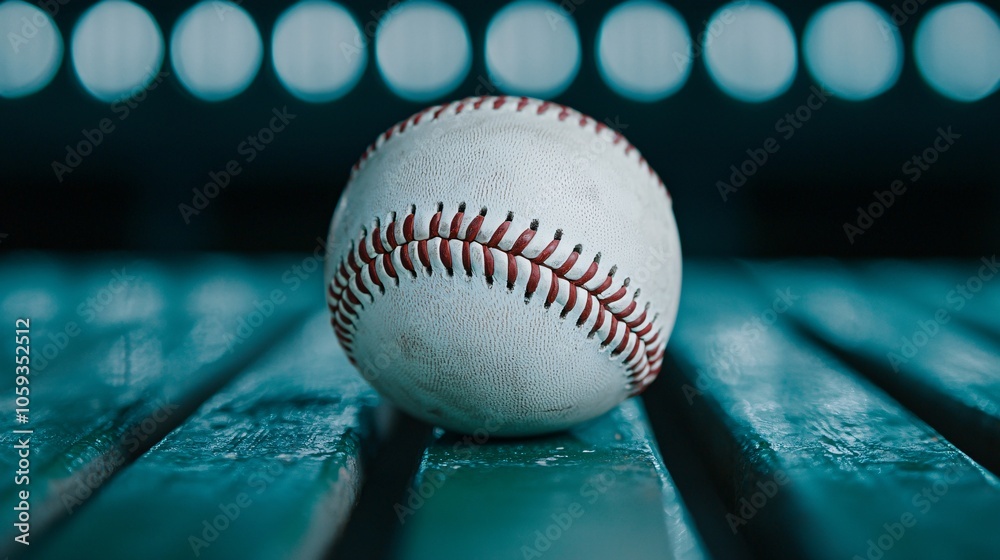 Baseball Glove and Ball on Bench under Stadium Lights - Sports Equipment Scene with Illumination at Night Baseball Glove and Ball on Bench under Stadium Lights - Sports Equipment Scene with Illumination at Night