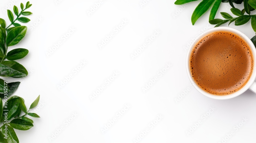 White Background with Green Leaves and Coffee Cup White Background with Green Leaves and Coffee Cup