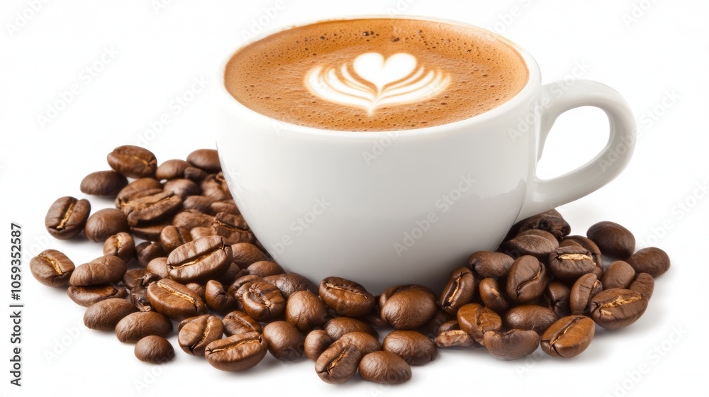 Coffee Cup with Latte Art and Coffee Beans Beverage Espresso Cappuccino Cafe Drink Coffee Cup with Latte Art and Coffee Beans Beverage Espresso Cappuccino Cafe Drink