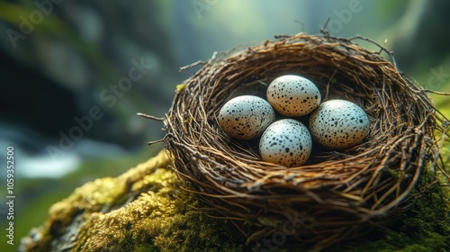 Four speckled bird eggs in a nest on mossy ground with a stream in the background. photo