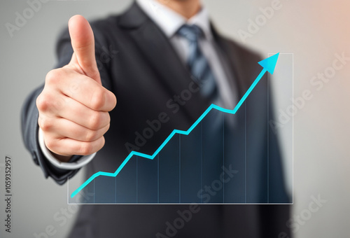 Businessman touching upward trending financial graph. 
Suitable for finance, business, stock market, investment concepts in presentations, websites, reports. photo