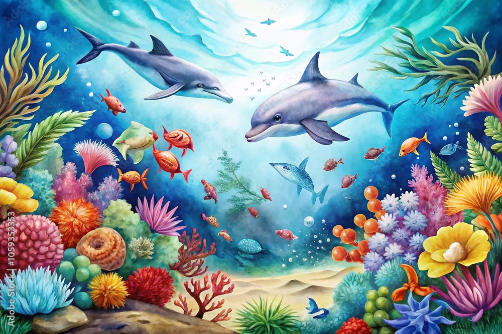 Fototapeta premium Hand-Drawn Watercolor Sea Frame with Underwater Animals – Vibrant Ocean Life Illustration for Nature and Marine Themes