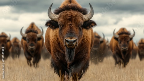 A herd of bison walk towards the camera in a field, with one bison in the foreground looking directly at the viewer.