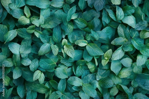 Mint leaves background. Green mint leaves pattern layout design. Ecology natural creative concept. Top view nature background with generative ai