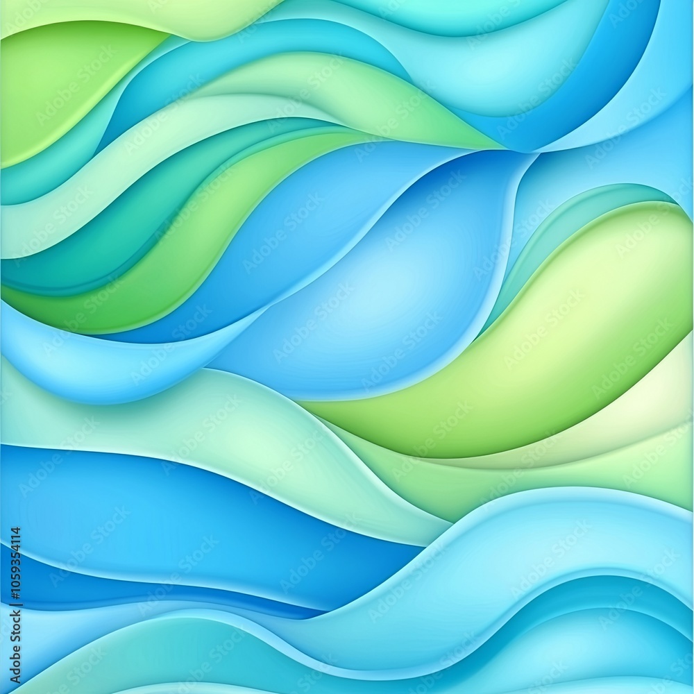 Abstract blue and green wave patterns convey calmness and mental balance with flowing designs emphasizing stability