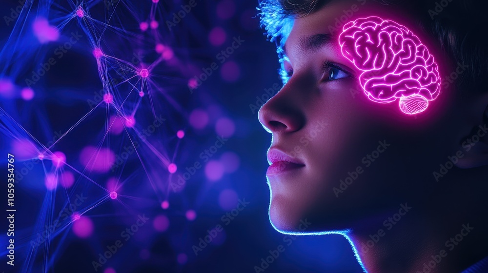 Boy with Glowing Brain and Neural Network Boy with Glowing Brain and Neural Network