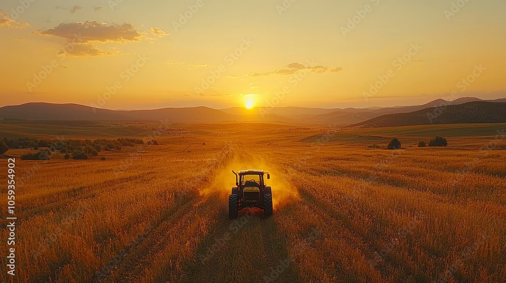 Fototapeta premium Tractor Driving Through a Field at Sunset