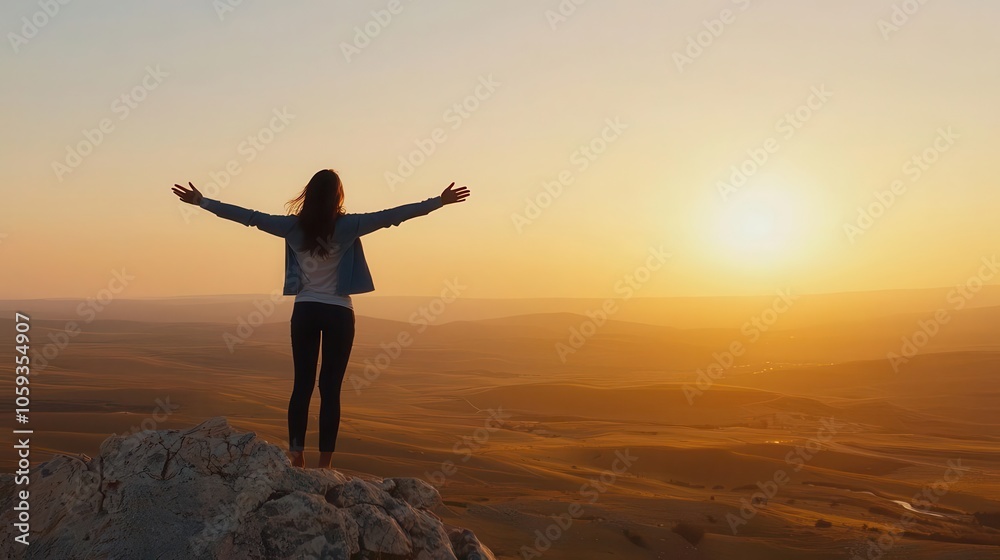 Woman standing atop a mountain, arms wide open, sunrise view, power women, freedom and achievement Woman standing atop a mountain, arms wide open, sunrise view, power women, freedom and achievement