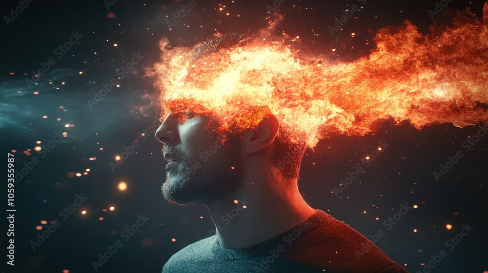 Man’s Face with Fiery Energy Stream Man’s Face with Fiery Energy Stream
