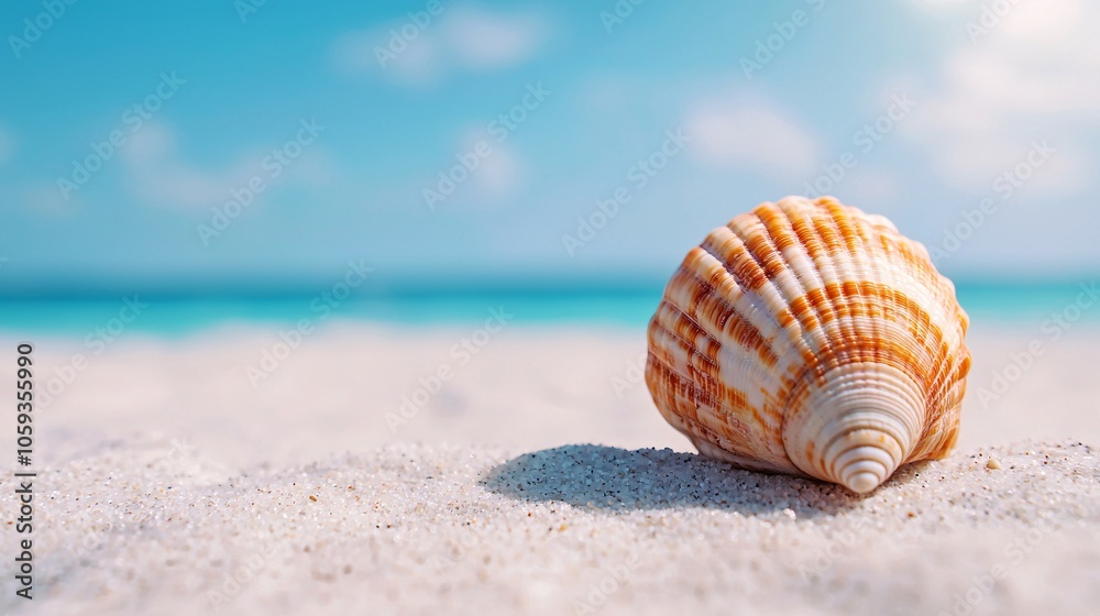 Tranquil Seashell on Soft White Sand under Bright Sunlight - Focus on Shell, Medium Shot Tranquil Seashell on Soft White Sand under Bright Sunlight - Focus on Shell, Medium Shot
