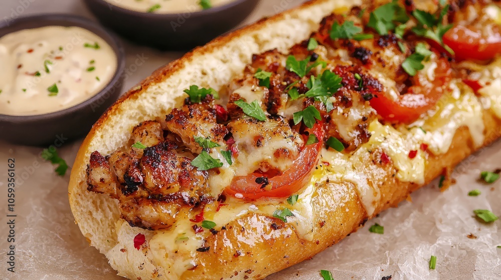 Grilled chicken and cheese sandwich with tomato and parsley on a white bread with sauce in a bowl. Grilled chicken and cheese sandwich with tomato and parsley on a white bread with sauce in a bowl.