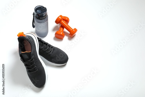 Sport equipment on white background, top view