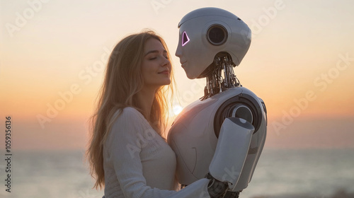 Young woman embraces a humanoid robot outdoors at sunset, symbolizing connection between humans and technology in a serene setting.