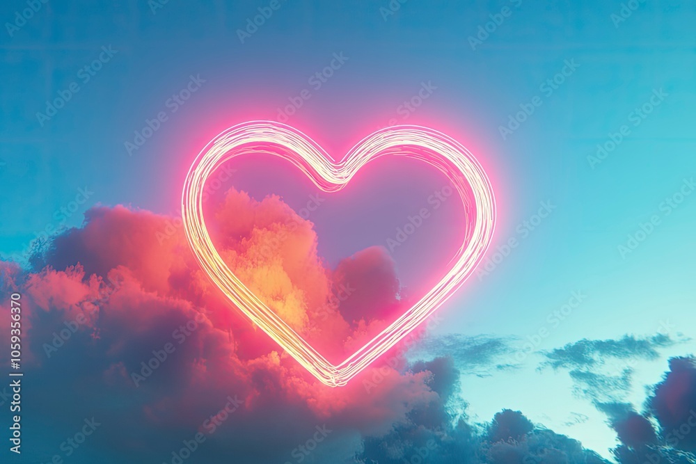 Neon heart on a cloud against a blue sky background. Romantic holiday background. 3d illustration with generative ai Neon heart on a cloud against a blue sky background. Romantic holiday background. 3d illustration with generative ai