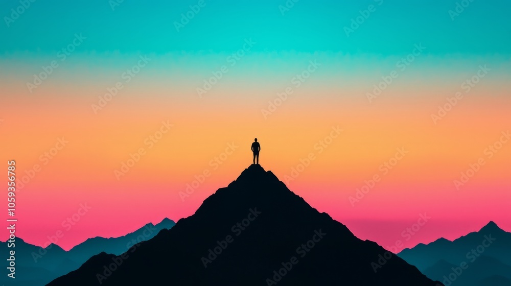 Silhouette of a person standing on a mountain peak at sunset. Silhouette of a person standing on a mountain peak at sunset.
