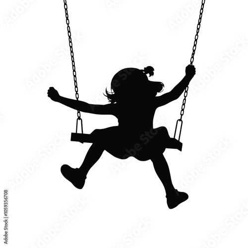 a black silhouette of a young girl swinging on a swing.