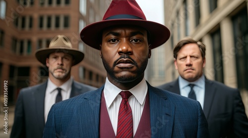 Three men in suits and hats standing in an urban setting.